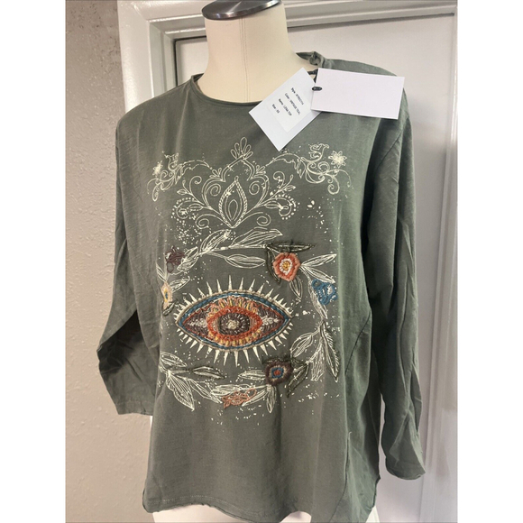 Women’s  Embroidered Blouse Green Distressed Kyla Seo comfort - Picture 3 of 12